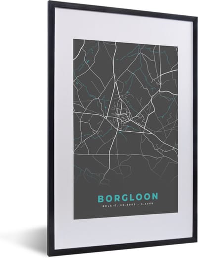 Fotolijst incl. Poster - België – Borgloon – Stadskaart – Kaart – Blauw – Plattegrond - 40x60 cm - Posterlijst