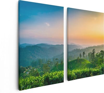 Artaza Canvas Schilderij Tweeluik Zonsondergang Op Een Thee Plantage  - 80x60 - Foto Op Canvas - Canvas Print