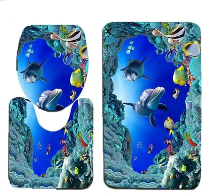 Badmat - Mat voor in de Badkamer 3-Delige Set Badkamer Tapijten - Badmatten - Wasbare Bad Tapijten - Oceaan Stijl - Toiletmatten - Onderwater Wereld - Antislip Wc Mat - 3D Dolfijn Print Bad Tapijt Set
