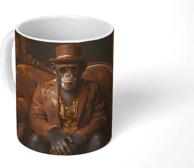 Mok - Koffiemok - Chimpansee - Stoel - Pak - Bruin - Mokken - 350 ML - Beker - Koffiemokken - Theemok