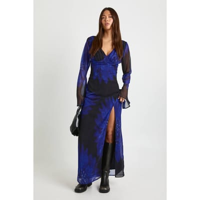 boohoo Dames Bloemen maxi-jurk met lange mouwen van chiffon en diepe V-hals | Zwart | Maat: 36
