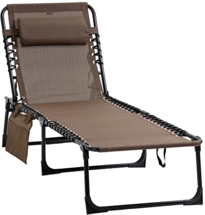 Openlucht opvouwbare ligstoel met hoofdsteun, zijvak, ligstoel met 5-voudig verstelbare rugleuning, weerbestendige campingligstoel, belastbaar tot 120 kg, voor tuin, strand en zwembad, bruin