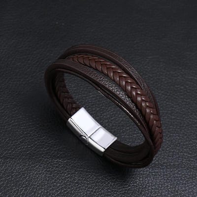Heren Armband Leer met Enkele Vlecht - Bruin met Stalen Sluiting - Armbanden - Papa Cadeau Voor Mannen - Vaderdag