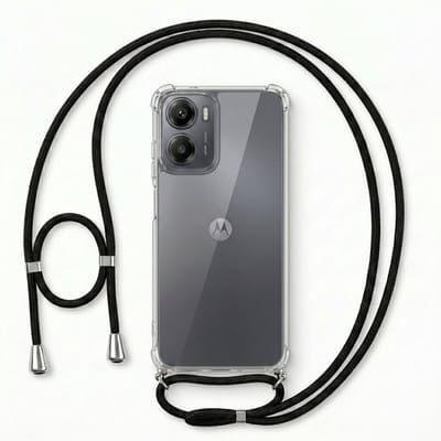 Geschikt voor Motorola Moto G05 / E15 Hoesje met Koord - Transparant - Verstelbaar Nekkoord - Schokbestendig - Zwart