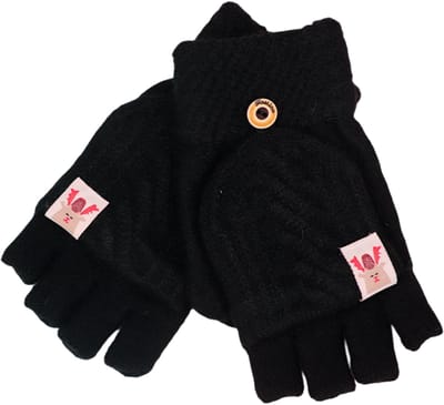 Oneay Zwarte vingerloze handschoenen, gebreide vingerloze handschoenen voor volwassenen met flap, outdoor fietshandschoenen