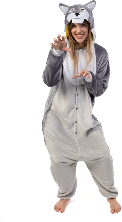 KIMU® Onesie Grijze Wolf Pak - Maat XS-S of 152-158 - Wolvenpak Kostuum Grijs Husky Pak - Jumpsuit Huispak Pyjama Dames Heren Overall Fleece Festival