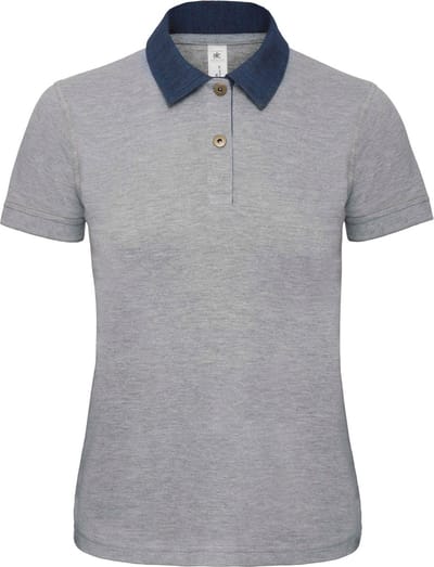 Polo Dames M B&C Kraag met knopen Korte mouw Denim / Heather Grey 90% Katoen, 10% Viscose