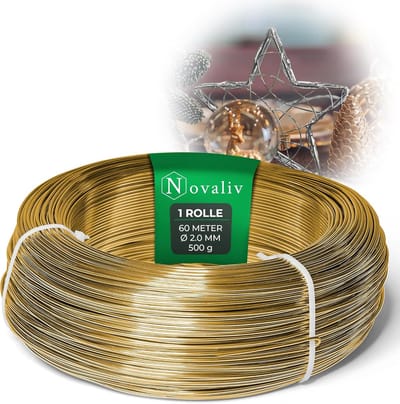 Novaliv 60 meter aluminiumdraad 2 mm goud, knutseldraad ideaal als buigdraad voor knutselen, veelzijdig voor doe-het-zelfprojecten en decoraties, rol van 60 m decoratief draad, bloemendraad, geen sieradendraad
