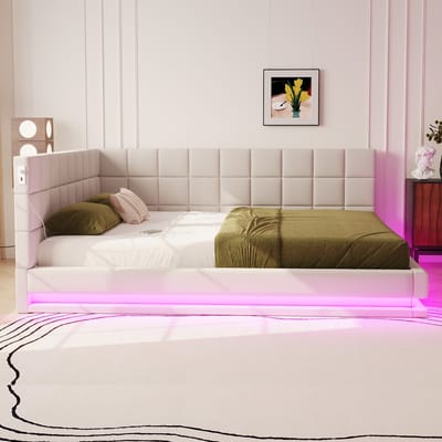 Gutent Slaapbank-160*200 cm-met led-lichtlijst-USB-aansluiting-lattenbodem-Beige-velours stof-Geen matras
