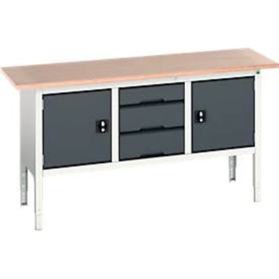 Bott verso box-type werkbank, met multiplex blad, 3 laden & 2 deuren, B 1750 x D 600 x H 830 - 930 mm, RAL 7035 lichtgrijs / RAL 7016 antracietgrijs