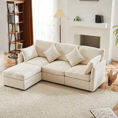Modern design - corduroy stoffen sofa - driezitsbank - vierzitsbank - L-vormige hoekbank met voetenbank - beige