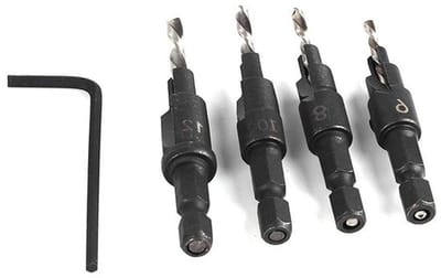 Dailygoods- Verzinkboorset HSS 4-delig - Zeskantige Schacht 6,35 mm - Verstelbare Tegenhuls - Boormaten #6/#8/#10/#12 - Geschikt voor Hout - Boorset