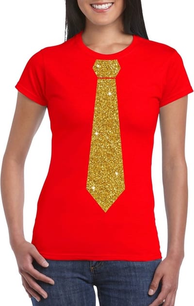 Rood fun verkleed t-shirt - met stropdas - in glitter goud - dames - korte mouwen XS