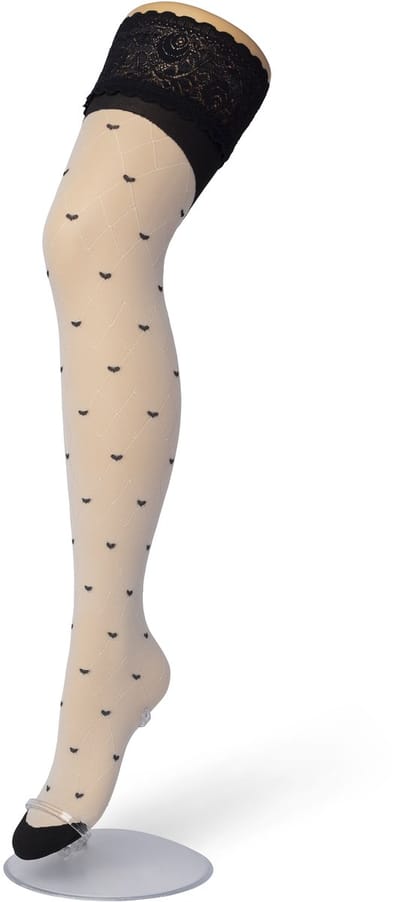 Bonnie Doon Dames Hold Up met Hartjes Print maat S/M Off White - Brede Siliconen Band - Little Hearts Hold Up - Zakt niet af - Bies aan Achterkant - Panty zonder Broekje - Siliconenrand - Blijven Perfect Plakken - Panty Kousen - Ivory - BP201705.250