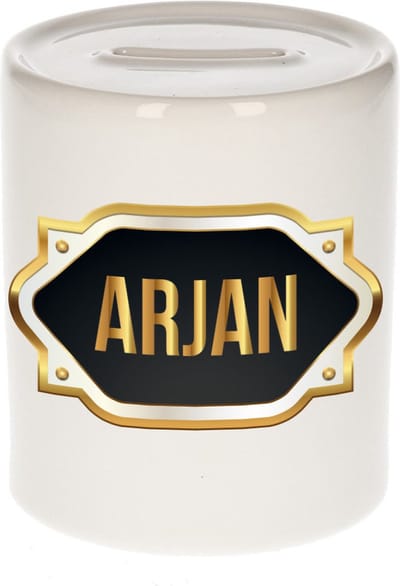 Spaarpot met voornaam Arjan - wit - met goud/zwart embleem - 8 x 9 cm - keramiek - met afsluitdop - cadeau verjaardag