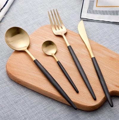 4 delig Goud bestek - Goud - Zwart - Bestek - Bestekset - Design bestek - LOUZIR