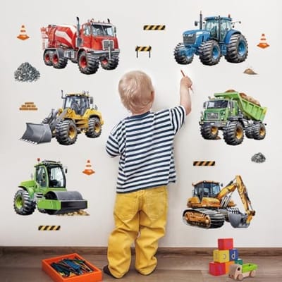 PromoHome Constructie Auto Vrachtwagens Tractor Voertuigen Muurstickers Set - Kleurrijke Wanddecoratie voor Kinderkamer Jongens Slaapkamer - Verwijderbare Muurtattoo DIY Decoratie