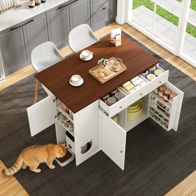 MEUNIQ Keukenkast 120 x 40/70 x 90 cm met uitschuifbaar werkblad, 3 lades, 2 deuren, kruidenrek en geïntegreerde voerplek voor huisdier, wit + donker walnoot