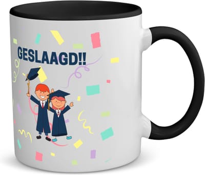 Akyol - geslaagd 2 mensen koffiemok - theemok - zwart - Felicitatie - iemand die is geslaagd - gefeliciteerd - examen - school - diploma gehaald - 350 ML inhoud