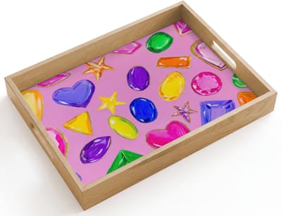 Dienblad hout 40x30 cm - Schootdienblad - Edelstenen - Vormen - Hartje - Kleurrijk - Borrelplank rechthoek - Plateau dienbladen