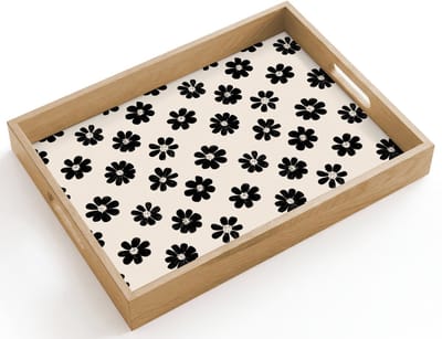 Dienblad hout 40x30 cm - Schootdienblad - Grafisch - Madeliefjes - Zwart - Beige - Borrelplank rechthoek - Plateau dienbladen