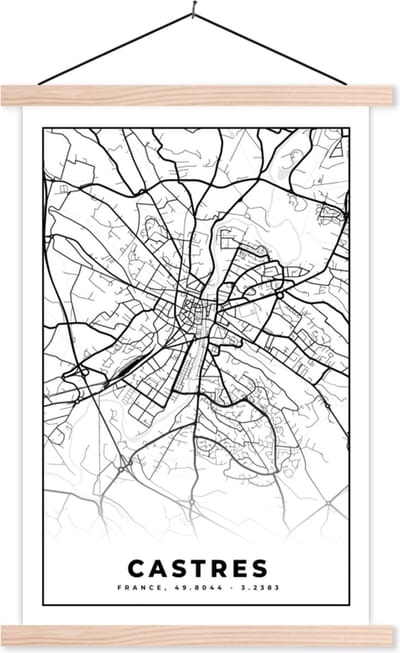 Posterhanger incl. Poster 40x60 cm - Schoolplaat - Frankrijk - Kaart - Castres - Plattegrond - Stadskaart - Zwart wit - Textielposter - Blanke latten - Stadskaart