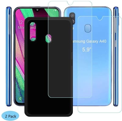 Silicone Soft Back Cover Hoesje Geschikt voor: Samsung Galaxy A40 Zwart TPU Siliconen Soft + 2X Tempered Glass Screenprotector