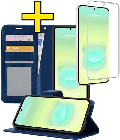 Hoesje - Met Screenprotector - Geschikt voor Samsung Galaxy A37 - Luxe Pasjeshouder - Bookcase Portemonee - Flip Case - Kunstleer Book Case - Flipcase - Book Cover - Walletcase - Portemonneehoes - Telefoonhoesjes - Donkerblauw