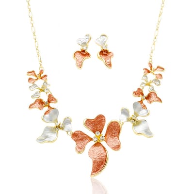 Romantische rood-blauw-gouden ketting en oorbellen set met hartvormige bloem en glinsterende stenen
