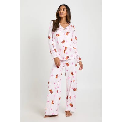 boohoo Dames Zwangerschaps Schotse Hooglander Print Lange Mouw Shirt en Broek Pyjama Set | Pink | Maat: 8