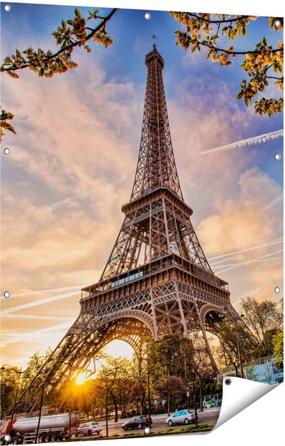 Gards Tuinposter Eiffeltoren in Parijs tijdens Zonsondergang - 90x120 cm - Tuindoek - Tuindecoratie - Wanddecoratie buiten - Tuinschilderij