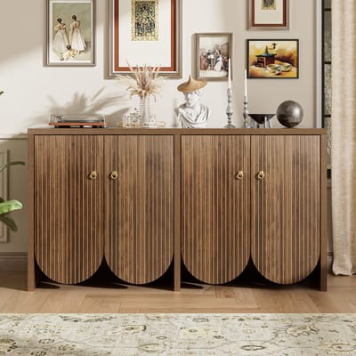 MODFU Dressoir / Buffetkast – 147x40x80 cm – 4 deuren met verstelbare legplanken – Veel opbergruimte – Moderne kast met ribbelstructuur – Voor woonkamer, eetkamer of hal – MDF – Walnootkleur