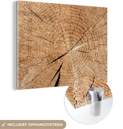 MuchoWow® Glasschilderij 120x90 cm - Schilderij acrylglas - Boomstam - Jaarringen - Hout - Foto op glas - Schilderijen