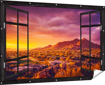 Gards Tuinposter Doorkijk Woestijn Landschap met Zonsondergang - 180x120 cm - Tuindoek - Tuindecoratie - Wanddecoratie buiten - Tuinschilderij