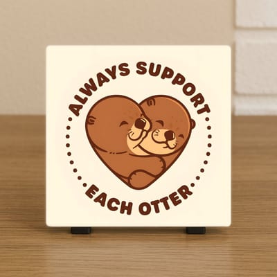 Wenstegel 10,5x10,5 cm – “Always Support Each Otter” – Otters in Hart Decoratie – Decoratief Tegeltje met Standaard – Cadeau Idee