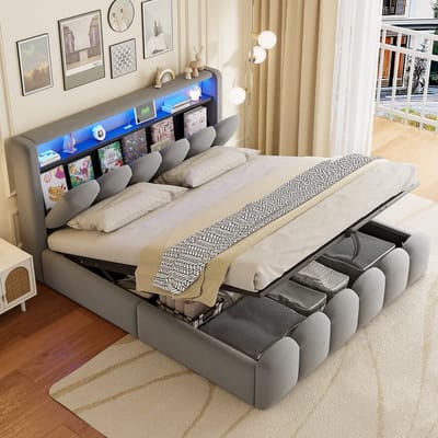 DESMIU Gestoffeerd Bed 180x200cm – Led En Usb Oplaadfunctie – Hydraulische Opbergruimte En Hoofdbordvak – Voor Slaapkamer – Fluweel – Grijs Zonder Matras