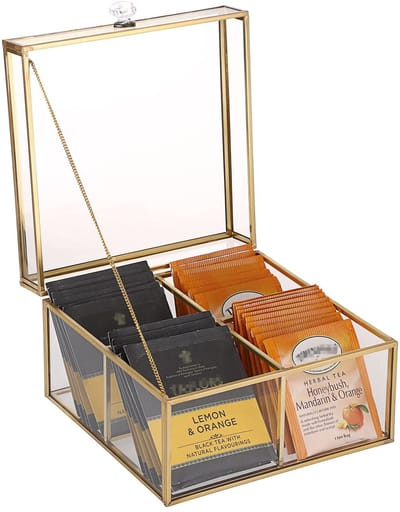 Dailygoody - Glazen Theezakje Organizer - Moderne Opbergkist - Decoratieve Caddy - 4 Compartimenten - Geschikt voor Thee en Koffie - Transparante Houd