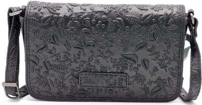 Boutique Trukado - HillBurry Leren Schoudertasje Bladeren Relief zwart - (bxhxd) ca. 21,5cm x 12,5cm x 6cm