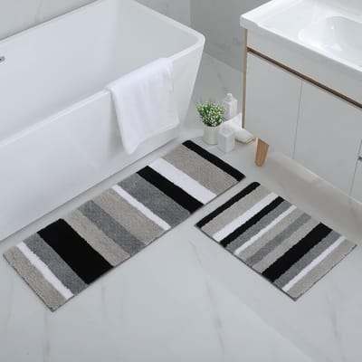 Antislip badmatset, 2-delig, microvezel, absorberend, zacht, hoogpolig, 40 x 60 cm + 40 x 120 cm, zwart/grijs