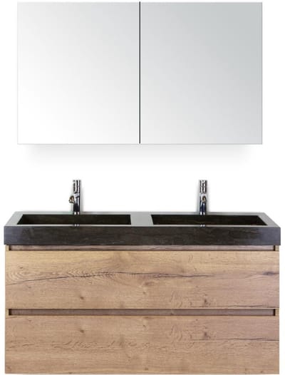 Maxx XL Badmeubelset 120 cm - Natuur Eiken - Wastafel Lucca Dubbel 2 Kraangaten met Spiegelkast