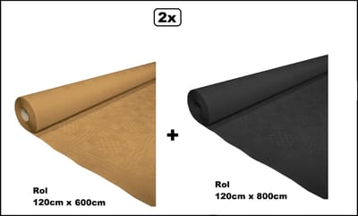2x Tafelrol tafelkleed goud 120cm x 600cm en zwart 120cm x 800cm papier - totaal 14 meter - Party diner food festival eten fun thema feest party