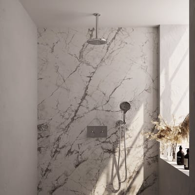 BRAUER Chrome Edition thermostatische inbouw regendouche met drukknoppen SET 59 met 20 cm douchekop en plafondarm en 3-standen handdouche en doucheslang en wandaansluitbocht chroom