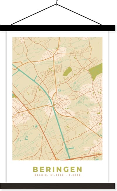 Posterhanger incl. Poster 40x60 cm - Schoolplaat - Stadskaart - Plattegrond - Kaart - België - Beringen - Textielposter - Zwarte latten - Stadskaart