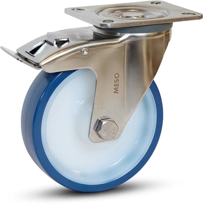 Blauw PU RVS zwenkwiel geremd met topplaat - 125mm - 220kg