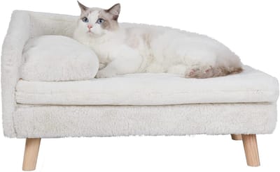 Famanu – Luxe kattensofa -huisdierbank met rugleuning -pluche kussen -houten poten -hondenbank voor kleine honden -relaxstoel -kattenstoel