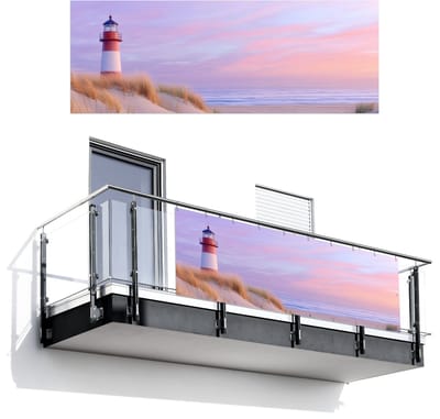 Balkonscherm 300x110 cm - Balkonposter Vuurtoren - Duinen - Zonsondergang - Balkon scherm decoratie - Balkonschermen - Balkondoek zonnescherm