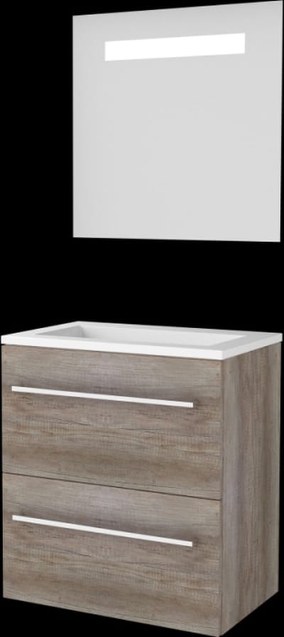 Basic-Line Economic 39 Badkamermeubelset - Ondiep - 60 x 39 cm - Met Grepen - 2 Lades - Acryl Wastafel - Zonder Kraangat - Spiegel met LED Verlichting - Scotch Oak