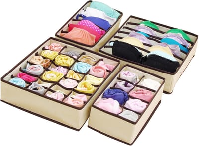 opvouwbare opbergdoos, opbergdoos, lade-organizer, vliesstof, 4 stuks, beige, voor beha's en sokken en sjaals, ladeverdelers