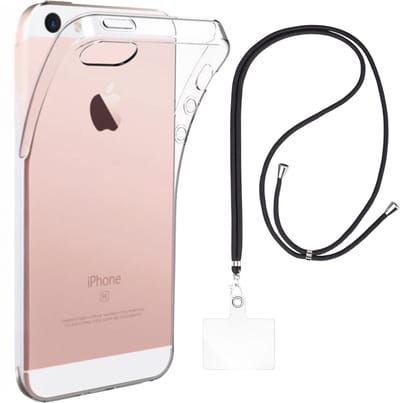 Set met hoesje en nekband voor iphone 5 - Flexibele, transparante TPU-bescherming, verstelbare universele nekband voor mobiele telefoons, zwarte nekband, transparante draagriem van Phonillico®