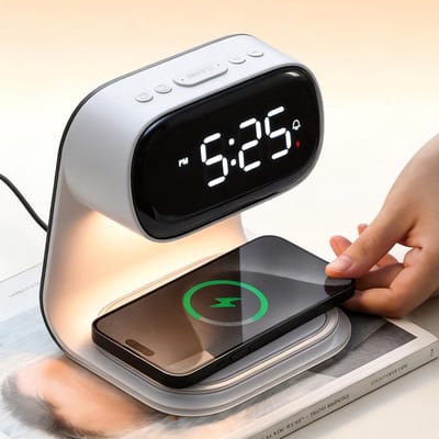 Multifunctionele draadloze nachtlamp met digitale klok, dimbaar nachtlampje, 15W snelladen, alarm en aanraakbediening, alles-in-één nachtkastje-organizer - wit